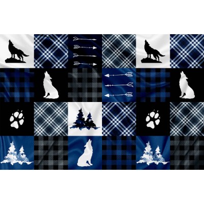Printed Cuddle Minky Patchwork Blue Wolf - PRINT IN QUEBEC IN OUR WORKSHOP